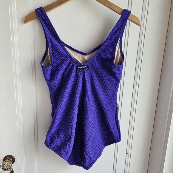 Swim & Sweat Chlorine Resistant AQUAMORE Solid Textured Shirred Front One Piece - Picture 7 of 13